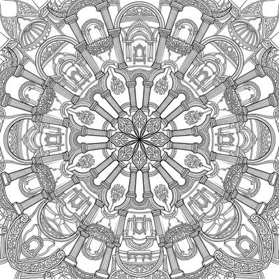 Dive into a world of regal beauty with this intricately designed palace interiors mandala coloring page. Explore grand architectural elements and delicate patterns, perfect for mindful coloring and creative expression.