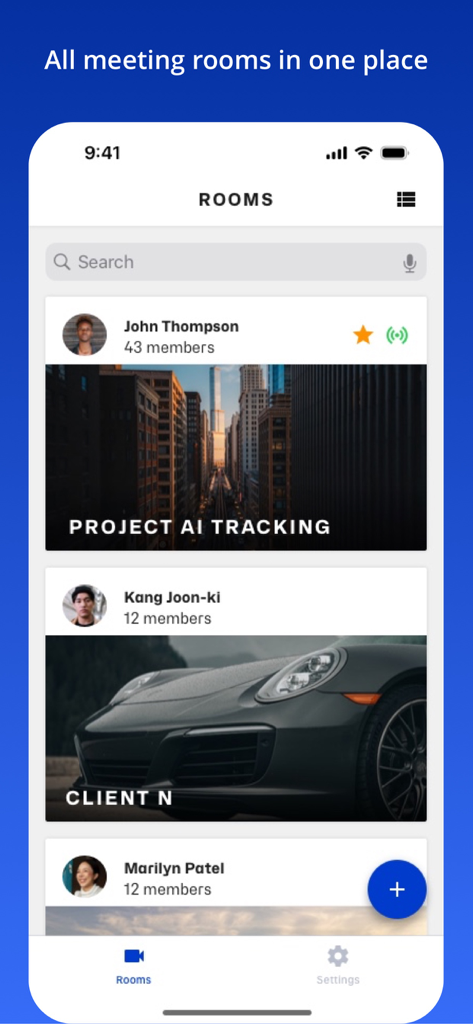 Eyeson mobile app interface showing a list of reusable video meeting rooms with host names and member counts
