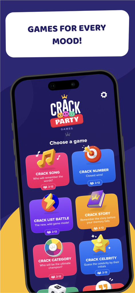 Crack Party Games - Crack Party Games mobile app interface showing a selection of social mini games