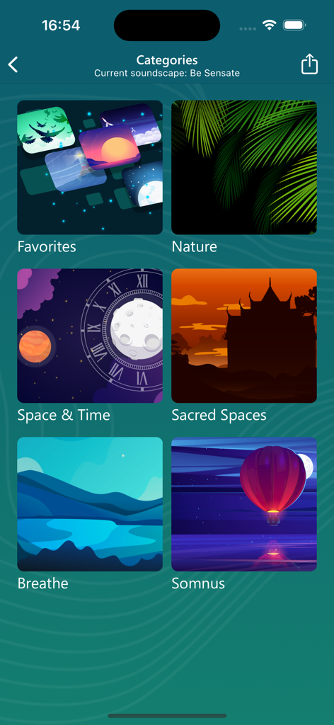 Sensate: Stress/Anxiety Relief - Sensate mobile App-Bildschirm, der Meditations-Klanglandschaft-Kategorien wie Nature Space and Time und Sacred Spaces anzeigt.