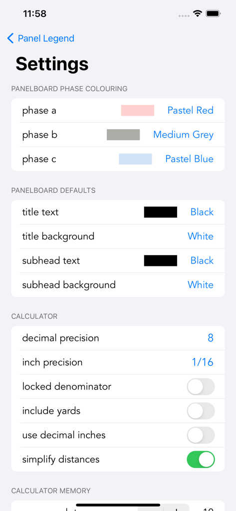 Panel Legend 2 - Interfaz de configuración de la aplicación Panel Legend 2 que muestra personalización para colores de fase eléctrica y precisión de la calculadora