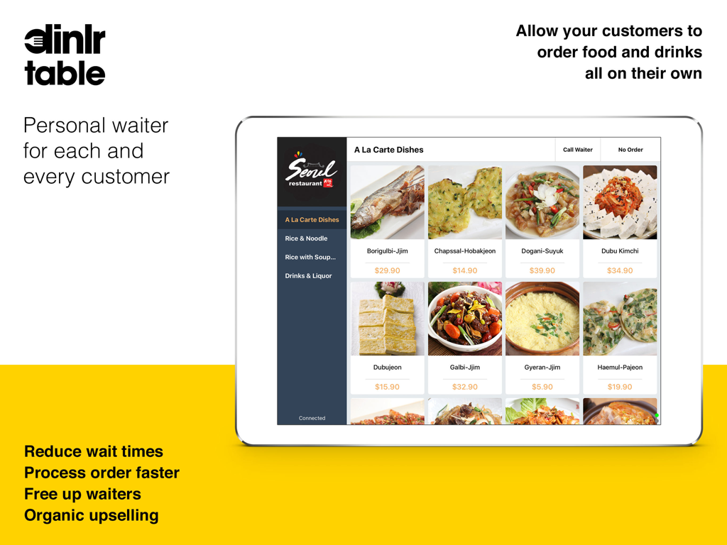 Dinlr Table: F&B Self-Ordering - Dinlr Table self-ordering app interface on an iPad displaying a digital restaurant menu with dish photos