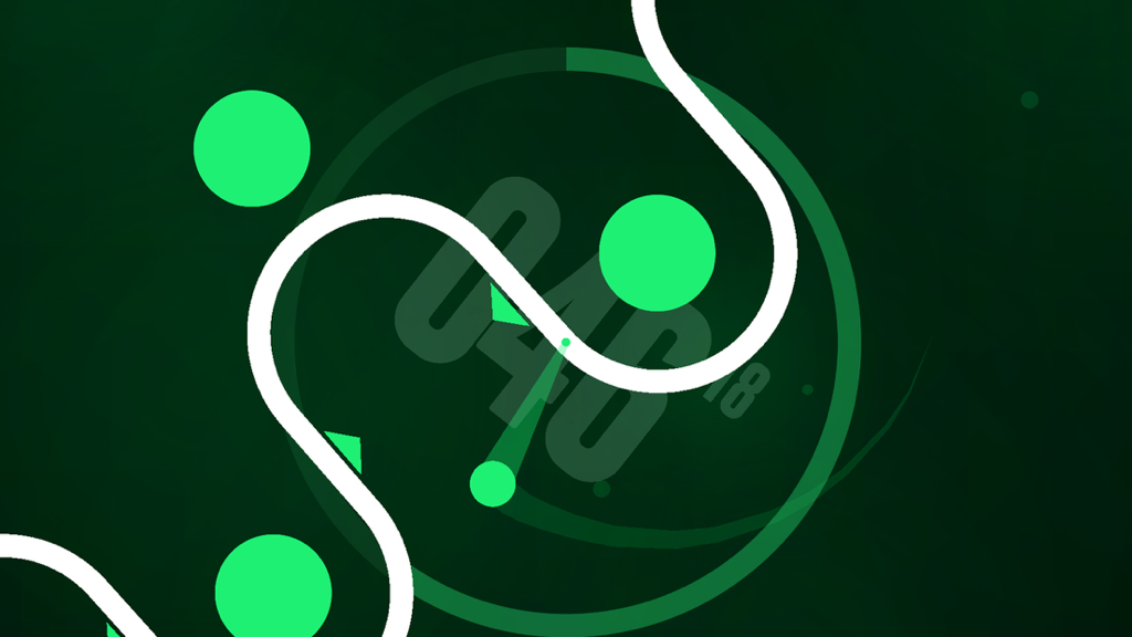 Pivvot - Minimalist gameplay from Pivvot showing a winding white path and green circular obstacles on a dark green background.