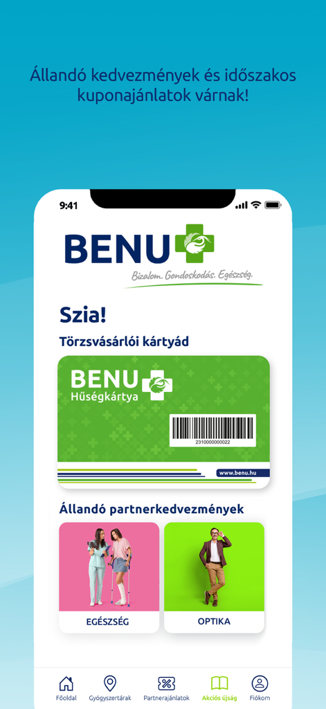 BENU Gyógyszertár - Digitale Treuekarte mit Barcode und Partner-Rabattangeboten in der BENU Mobile App.