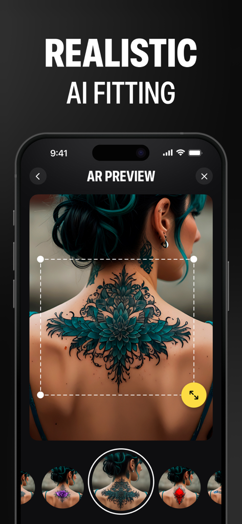 AI Tattoo Design Generator ㅤ - AR preview interface showing a realistic AI tattoo fitting on a woman's back.