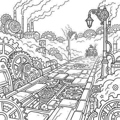 Embark on an imaginative journey with this intricate Steampunk Foggy Road coloring page. Discover a world where industrial gears meet misty landscapes, offering a captivating challenge for all coloring enthusiasts.