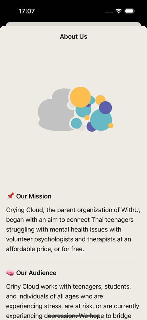 WithU - The About Us screen of the WithU app showing the mission and target audience information.