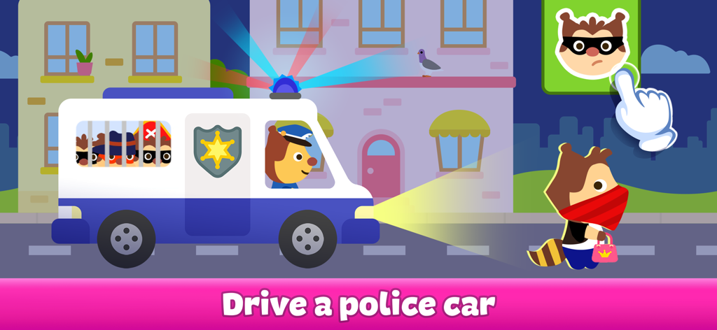 Kids Car Games: Build and Race - 子供向けゲームの夜の街のシーンを運転する、動物のキャラクターが運転するカートゥーンのパトカー