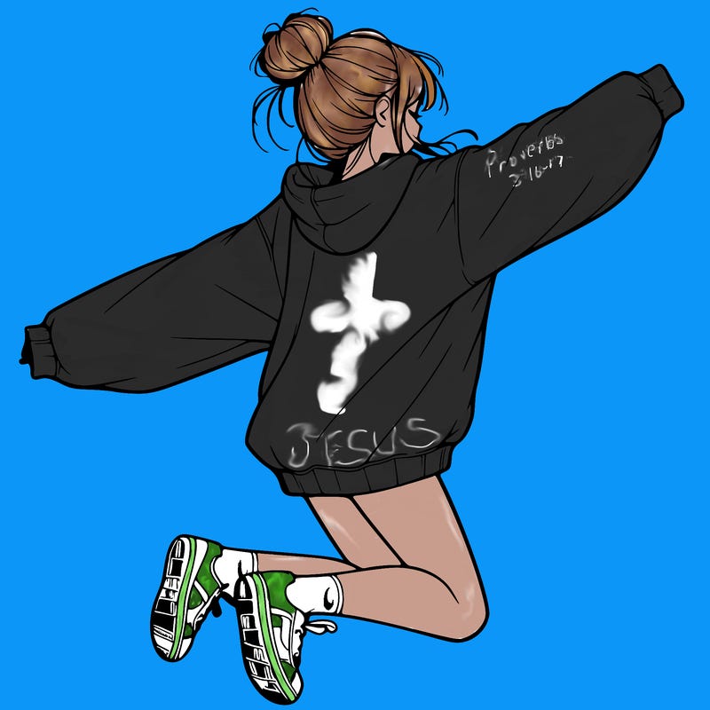 realistic girl jumping with a bun and oversized sweatshirt