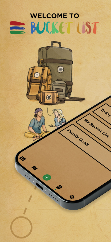 Schermata di benvenuto dell'app Bucket List che mostra illustrazioni di bagagli da viaggio e interfaccia della lista degli obiettivi