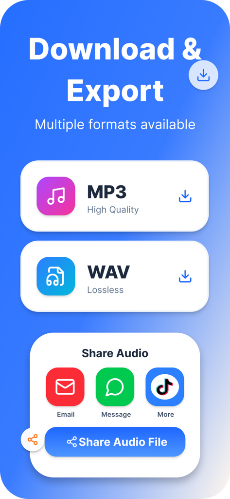 AI Voice TTS – Text to Speech - Die Benutzeroberfläche zeigt Audioexportoptionen für MP3- und WAV-Formate mit Social-Sharing-Schaltflächen