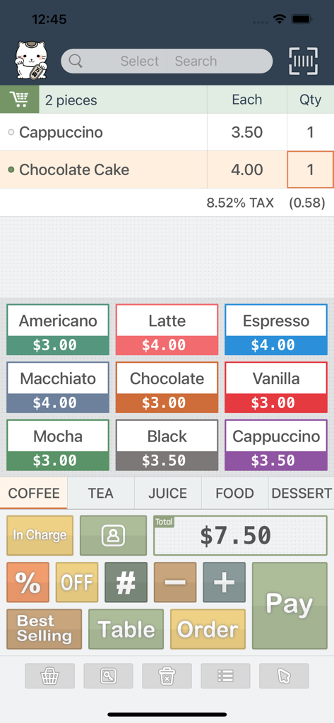 A screenshot of the PosKing mobile app interface showing a cafe cash register with itemized coffee and dessert orders