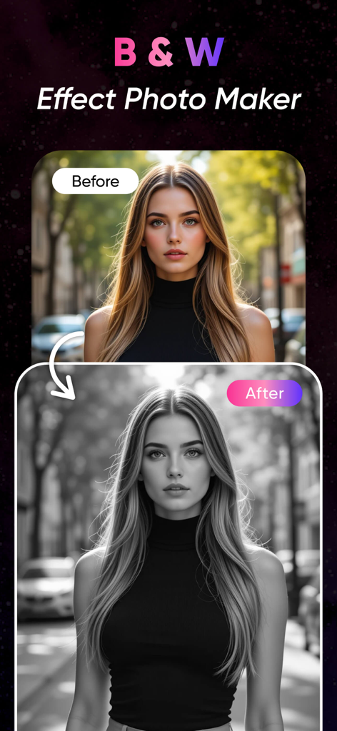 Comparación de antes y después de un retrato de una mujer usando un filtro de foto en blanco y negro