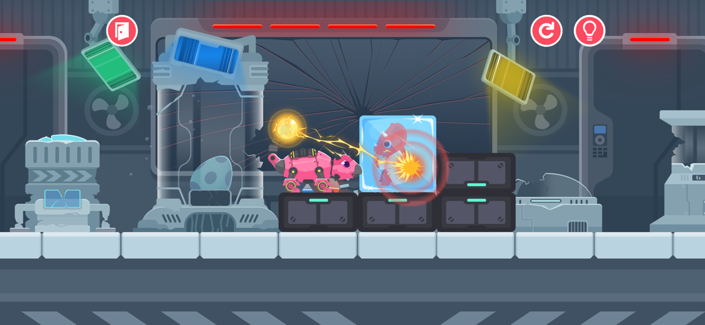 A pink mechanical dinosaur using a laser beam to rescue a small red dinosaur trapped in a block of ice