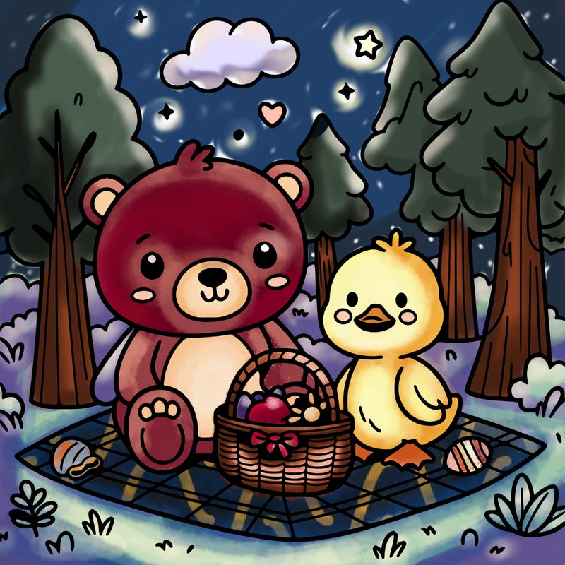 cute little bear and little duck sitting in the forest enjoying a picnic