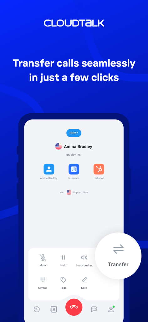 CloudTalk Go app interface showing an active business call with a highlighted call transfer button and CRM integration icons.
