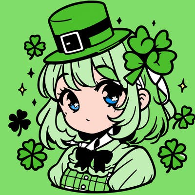 a manga-style girl with clovers around her, a little hat in her hair, like it's saint patrick's day