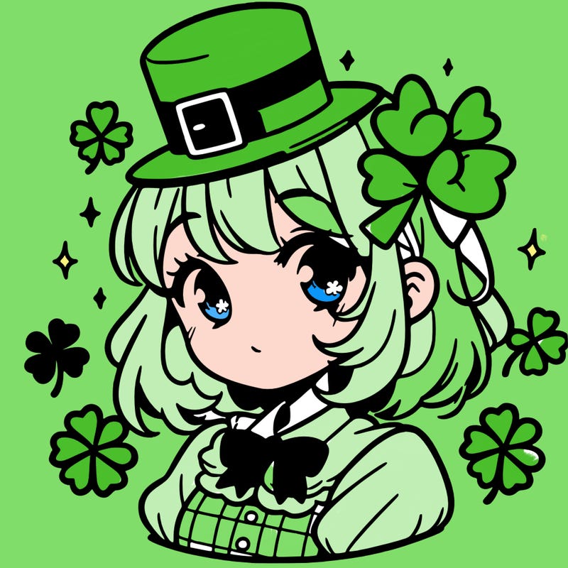 a manga-style girl with clovers around her, a little hat in her hair, like it's saint patrick's day