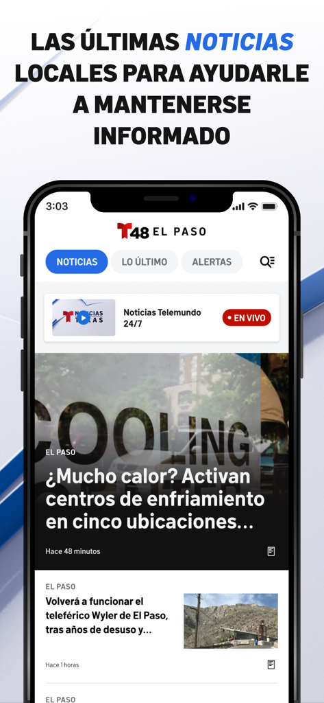 Telemundo 48 El Paso mobile app interface showing local news headlines and live broadcast options in Spanish