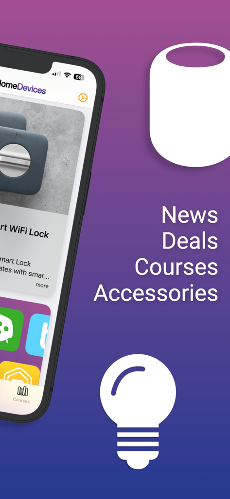 Interfaz de la aplicación HomeDevices en un iPhone que muestra secciones de noticias, ofertas, cursos y accesorios para Apple HomeKit