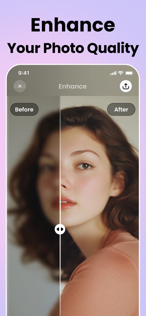 Sharpen Old Photos Enhancer AI - AI를 사용하여 흐릿한 초상화가 선명한 고품질 사진으로 향상된 보정 전후 비교.