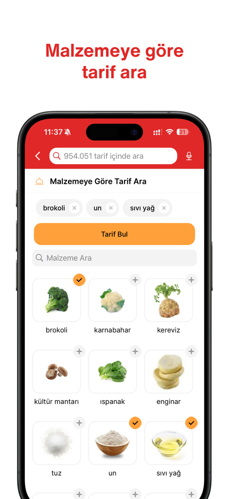 Nefis Yemek Tarifleri app interface showing the search by ingredient feature with selections for broccoli flour and oil