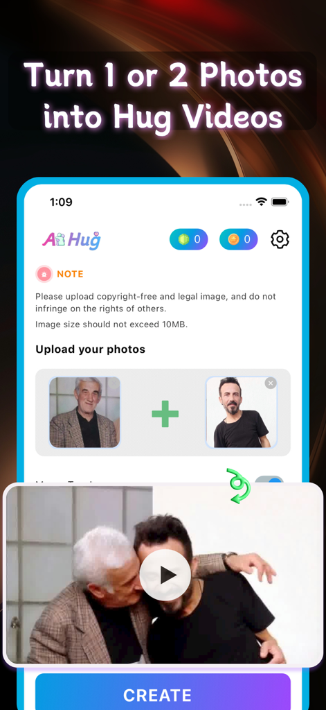 AI Hug Video - Image to Video - Tela de aplicativo móvel mostrando o processo de transformar duas fotos separadas em um vídeo gerado por IA de pessoas se abraçando