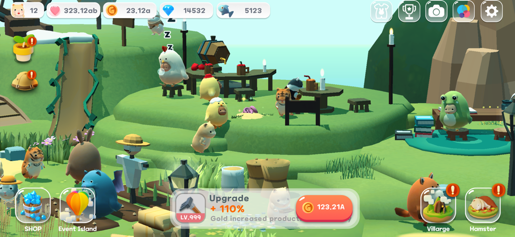 Cute hamsters wearing animal outfits in a green fairy tale village landscape