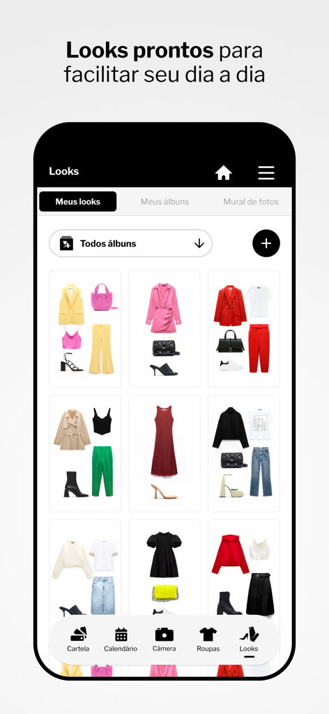 A mobile app interface showing a grid of curated fashion outfits and clothing combinations in a digital wardrobe