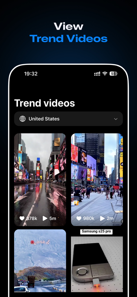 TKTK Followers & Video Manager - TKTK Video Managerアプリで、アメリカ合衆国のトレンドのソーシャルメディア動画を表示するインターフェース。