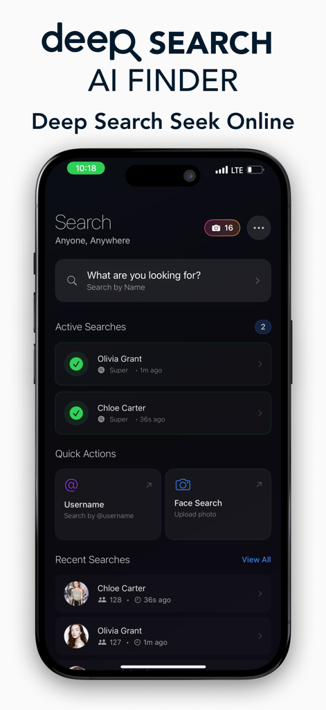 Deep Truth AI Search app home screen showing search interface for people, usernames, and face searches.