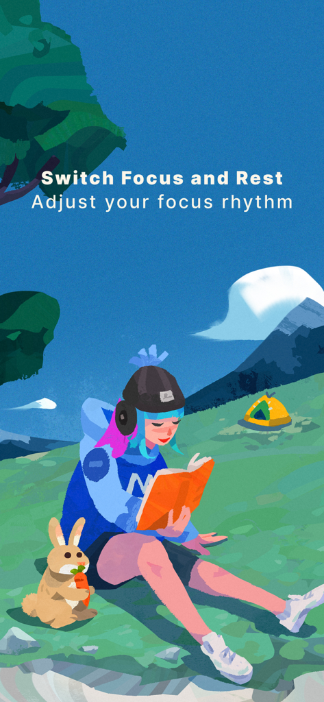 A cozy illustration of a girl reading a book with a rabbit in a mountain setting for a focus app rest mode.