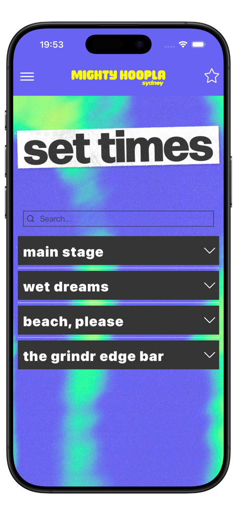 Mighty Hoopla 2026 - Interface do aplicativo Mighty Hoopla 2026 mostrando os horários do festival para diferentes palcos, incluindo o palco principal e o bar Grindr Edge.