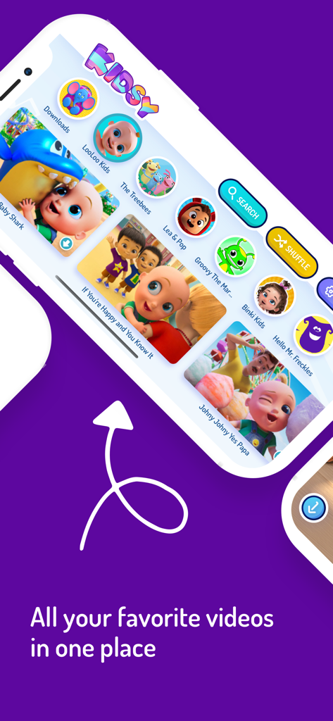 KIDSY Baby Kids Nursery Songs - Interface of the KIDSY app showing a library of popular nursery rhyme videos for kids