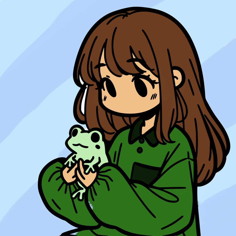 girl with long hair and a oversized shirt. and she is holding a frog