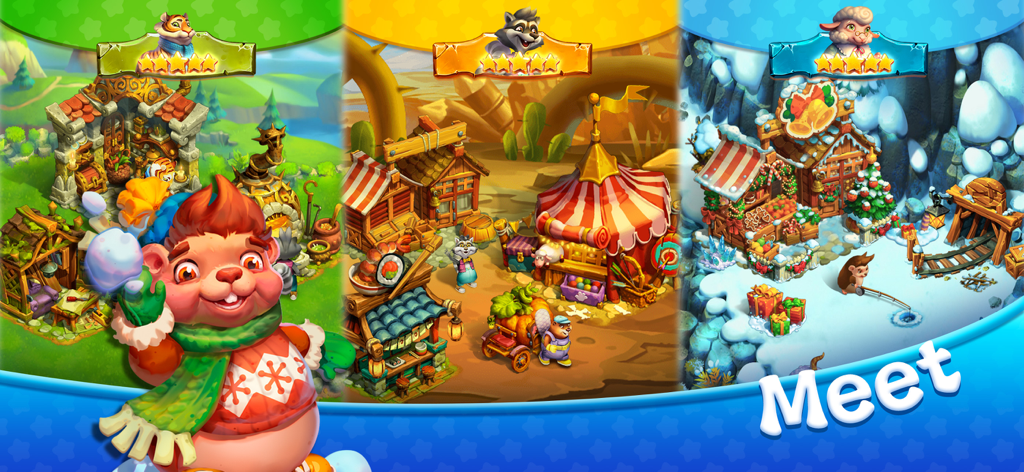 Hedgies - Eine Präsentation von drei verschiedenen bunten Umgebungen und Tiercharakteren im Hedgies-Spiel