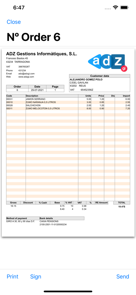 iGes - Sales management - Digital sales order and invoice preview within the iGes mobile app showing product list and totals