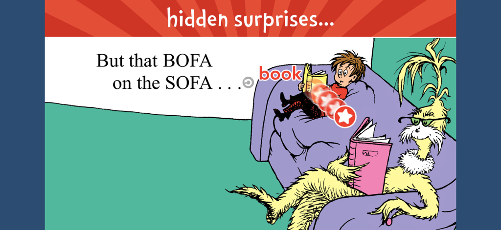 There's a Wocket in My Pocket! - Interactive reading scene from the Dr Seuss app showing hidden stars and vocabulary word highlighting