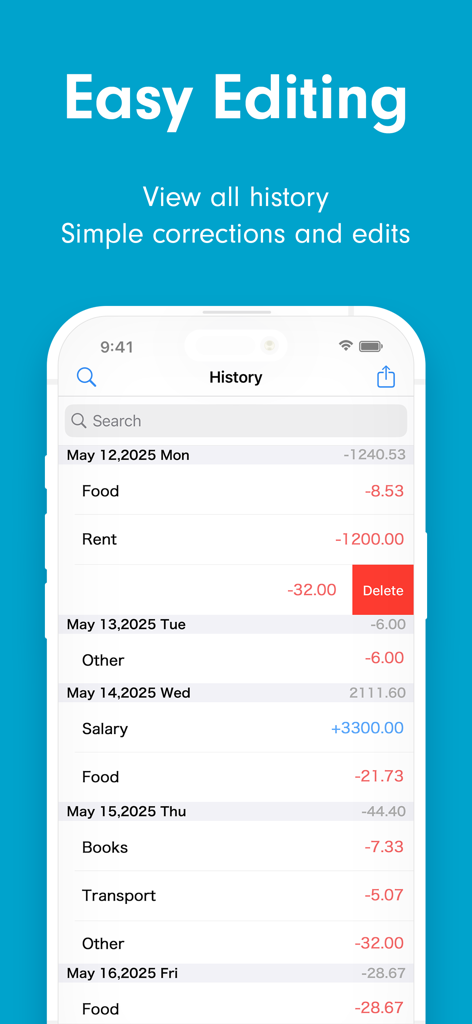 Easy Budget Money Tracker Zeny - Tela de histórico de transações do rastreador de dinheiro Zeny mostrando despesas diárias e a opção de exclusão para edição fácil