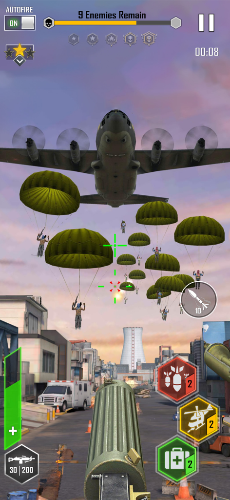 Sky Defense: War Duty - First-person shooter gameplay showing ground-to-air combat against paratroopers and a military plane.