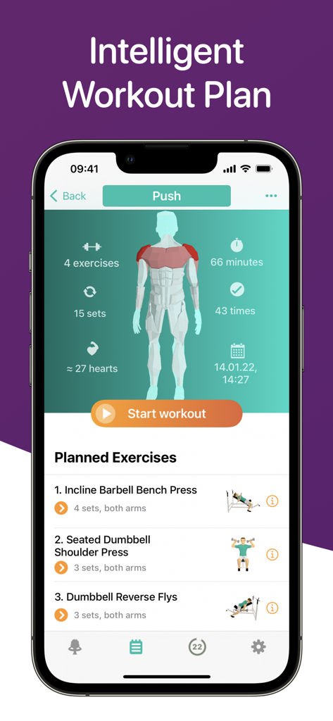 Treeceps: Fitness Workout Game - Treeceps app interface displaying an intelligent workout plan with 3D muscle visualization and a list of planned exercises