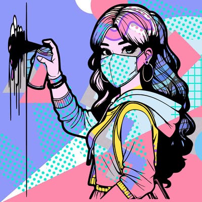 realistic girl with mask spray painting a wall