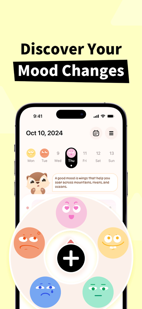 Daily Routine - Planner & Mood - Interface of the Daily Routine app showing a mood selection wheel with colorful emojis and a daily calendar for tracking emotional well-being