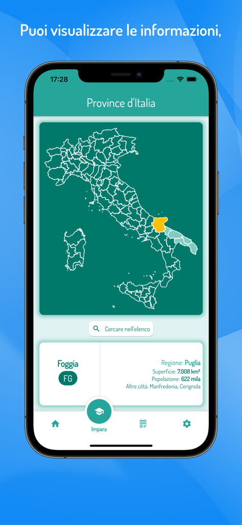 Interfaz de una aplicación móvil que muestra un mapa de Italia con información detallada sobre la provincia de Foggia.