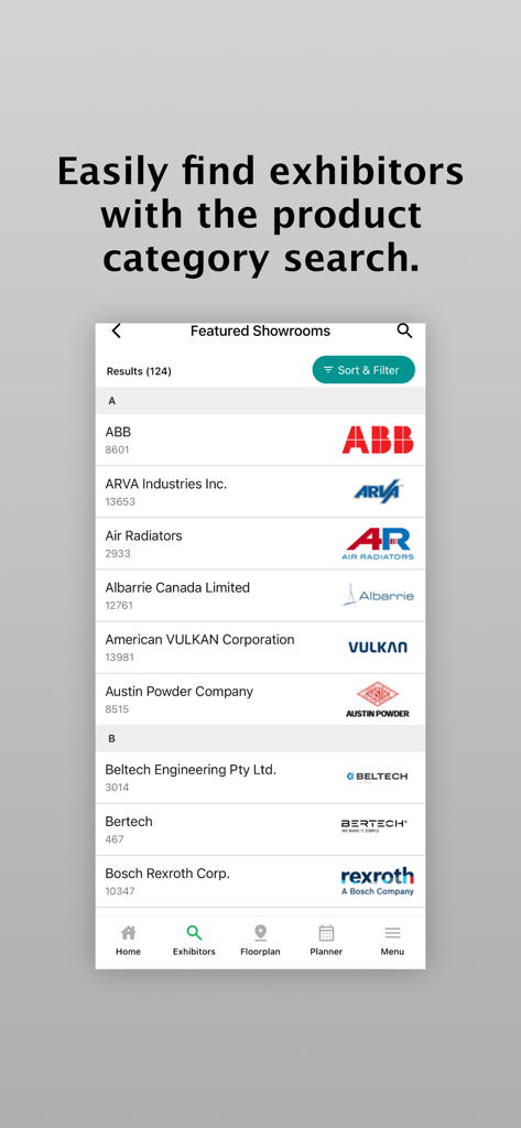 MINExpo INTERNATIONAL app screenshot showing featured showrooms and exhibitor list for the mining trade show