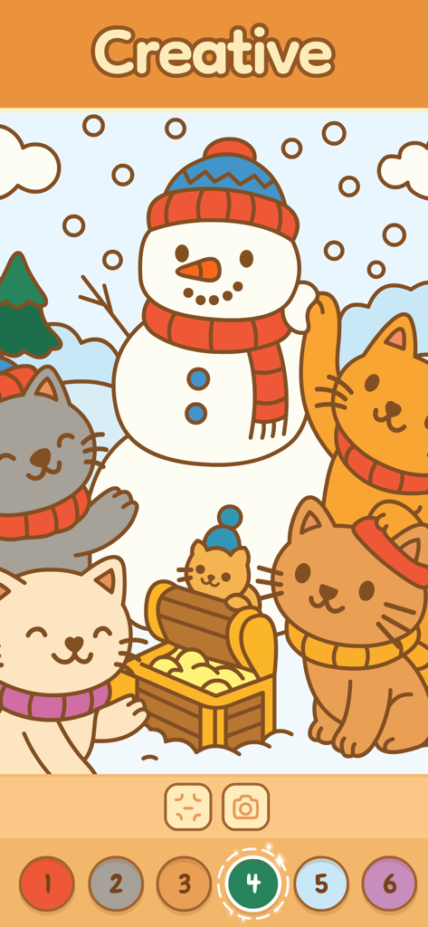 Eine winterliche Malen-nach-Zahlen-Seite mit niedlichen Katzen und einem Schneemann