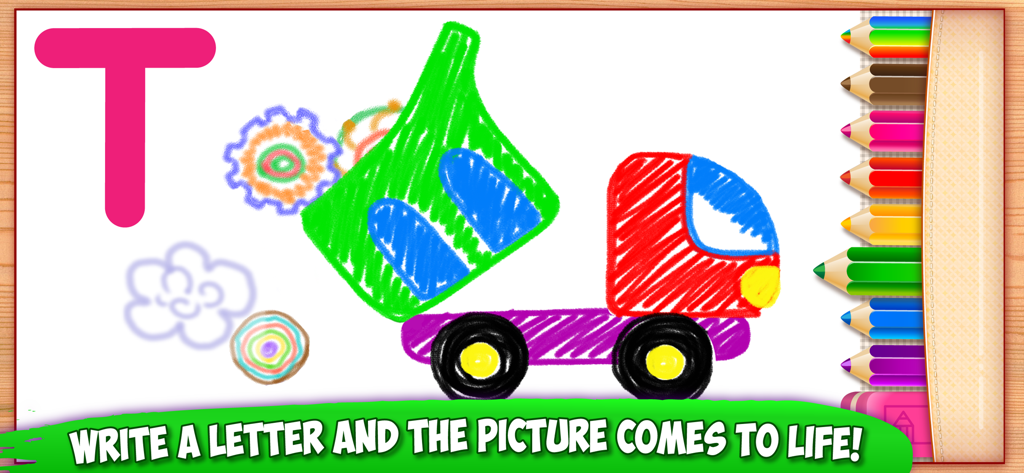 ABC Tracing Kids Drawing Games - Un dibujo digital colorido de un camión junto a una gran letra T en una aplicación de aprendizaje preescolar