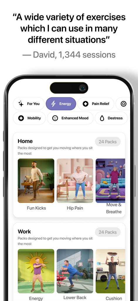 Wakeout app interface showing exercise categories and movement packs for home and work settings