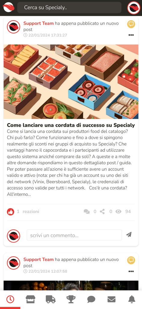 Interface of the Specialy app showing a social feed post about launching a group purchase for artisanal food products
