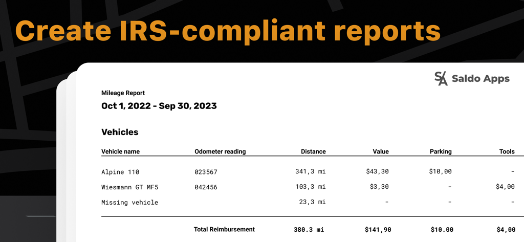 Exemplo de um relatório de quilometragem em conformidade com a Receita Federal mostrando detalhes do veículo, distância e valores de reembolso